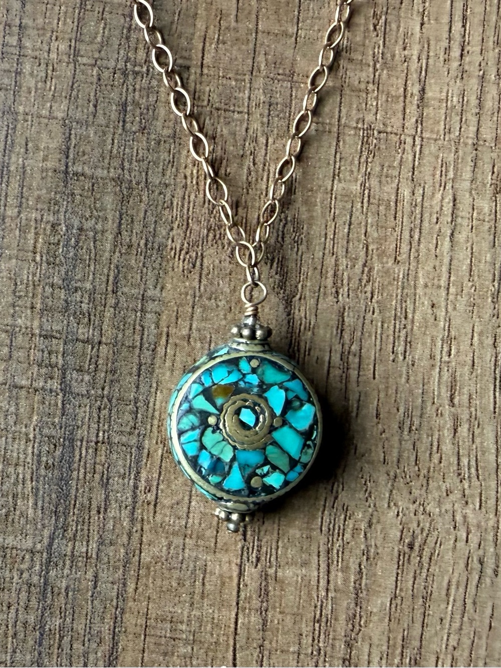 🧸 Charleston Marketplace | Turquoise Mosaic Pendant Necklace • Artisan Gold Tone